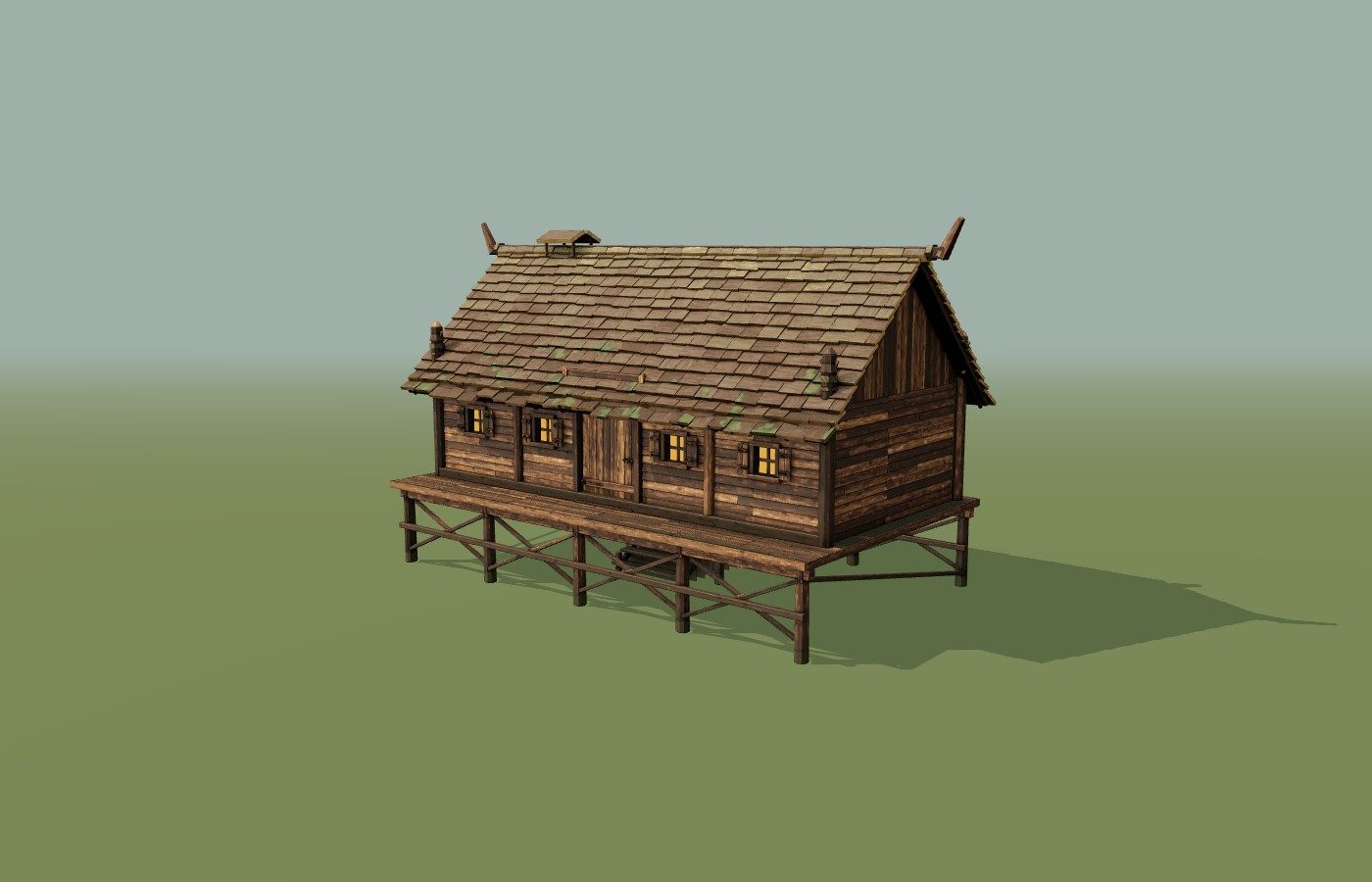 A raised timber longhouse with shuttered windows, shingle roof and porch above the swamp