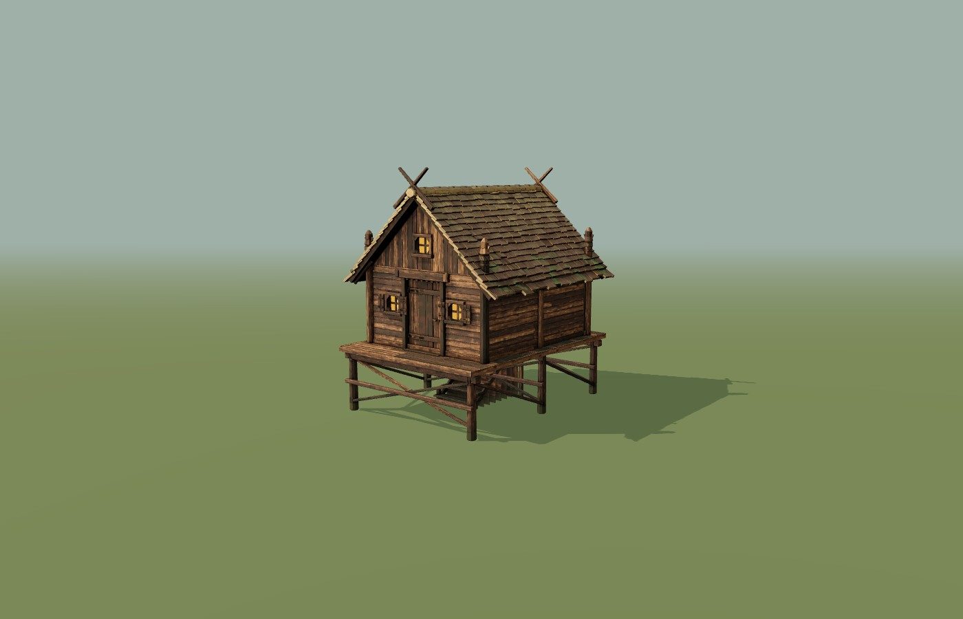 A wooden stilt hut standing on poles over dark swamp water