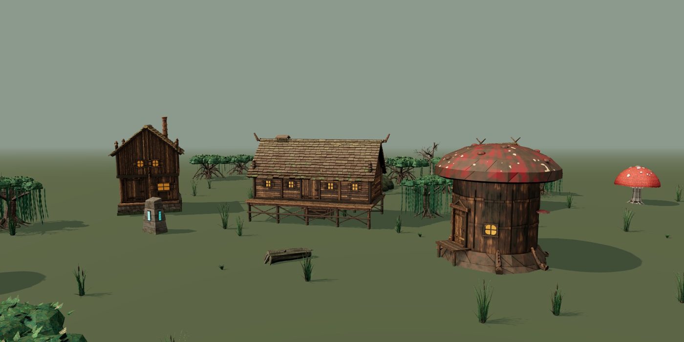 Khadrel's wooden stilt houses and giant mushroom dwellings among swamp trees